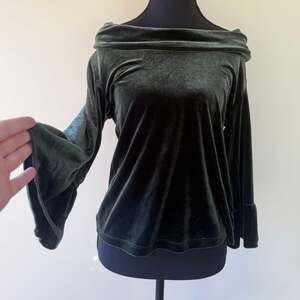 Carol Rose Olive Green Stretch Velvet Cowl Neck Bell Sleeve Top